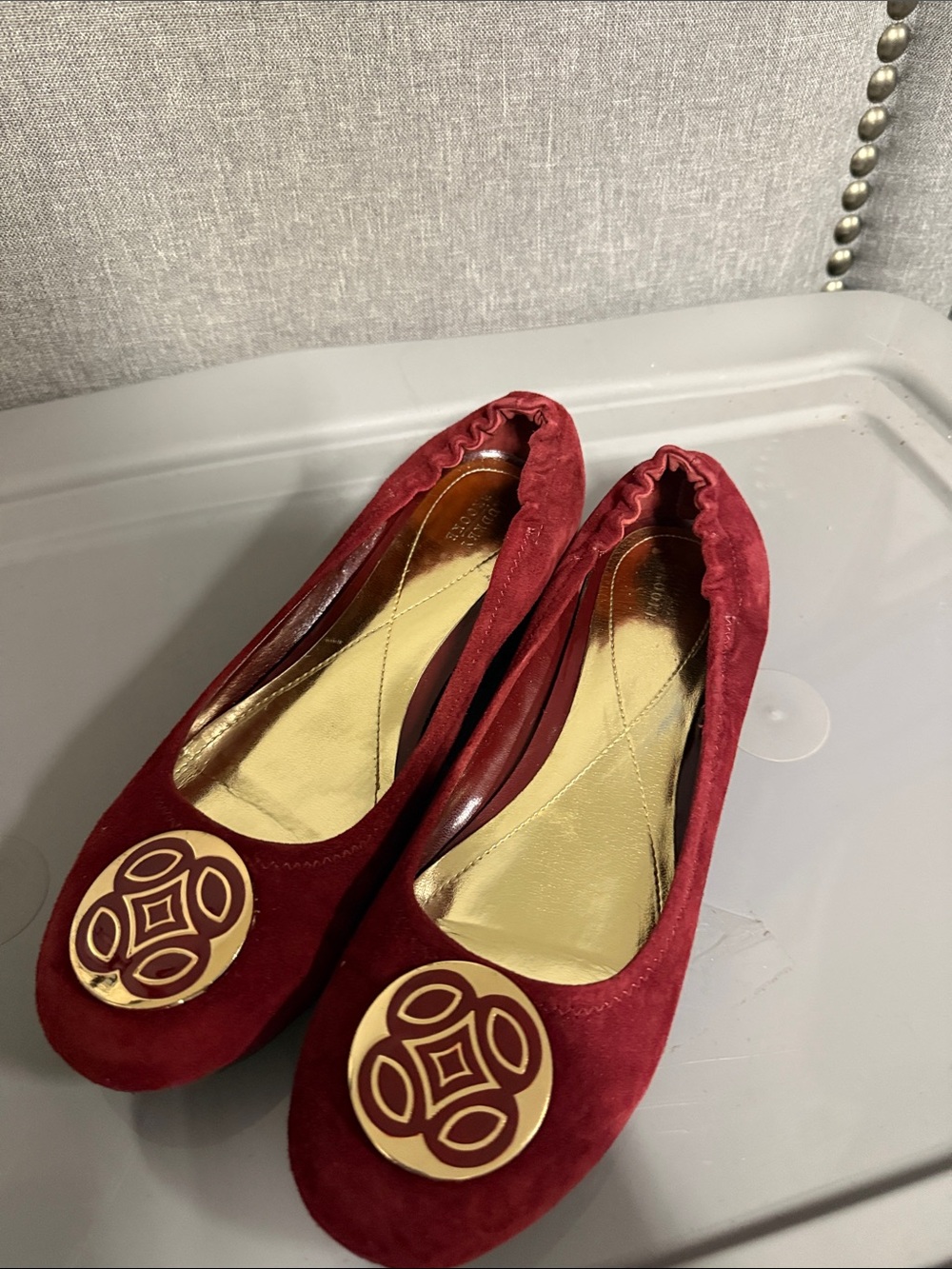Audrey Brooke Women's Red Suede Ballet Flats with Gold Emblem